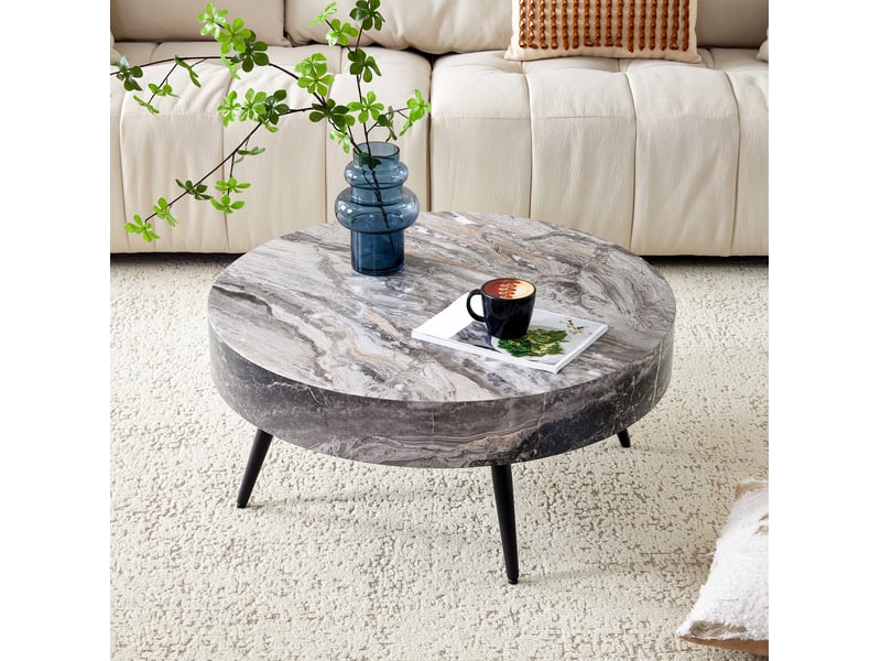  Table basse ronde 70x70x35,5 cm, meuble de salon, style moderne, pieds en métal, plateau mdf effet marbre gris, noir  - Conforama B