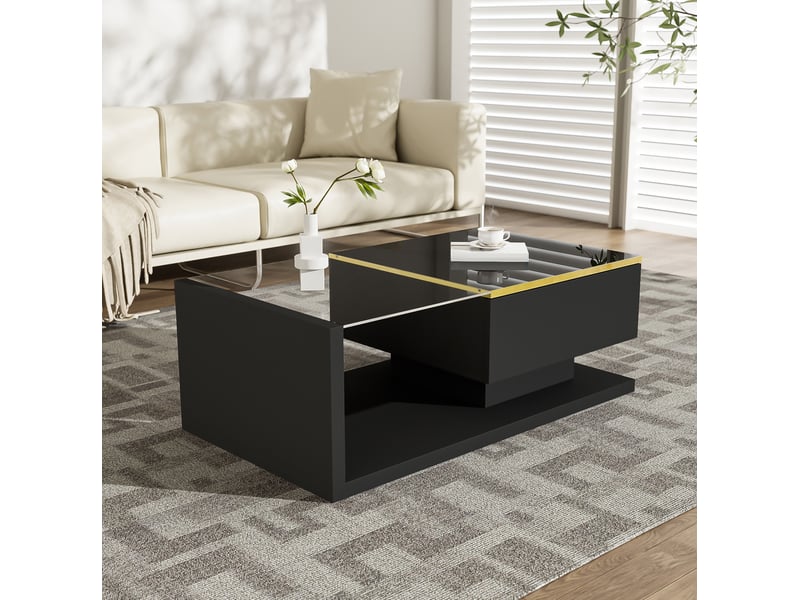 Table basse 90 x 50 cm noire brillante avec verre trempé, led 16 couleurs  - Conforama D