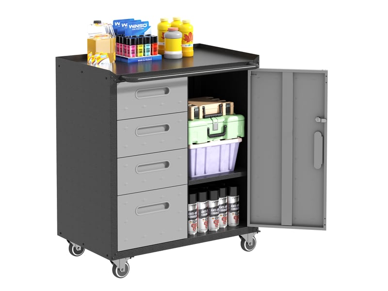 Armoire à outils sur roulettes 75 x 42 x 88 cm noir et gris en métal, 4 tiroirs et rangement verrouillable - Conforama A