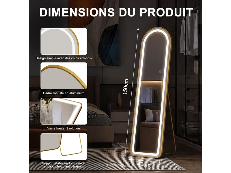  Miroir plein pied led arqué - 150 x 40 cm - verre trempé forme arche tactile 3 couleurs - doré  - Conforama C