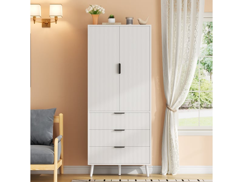  Armoire de rangement 2 portes et 3 tiroirs, 75 x 35 x 180 cm, étagères réglables, rangements de porte et anti-basculement, mdf, blanc Morn Vibe - Conforama D