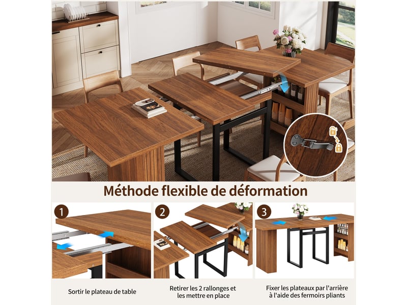 Table à manger extensible marron foncé 200x80x78cm rangement mdf et métal salle à manger rangement pratique usage quotidien moderne - Conforama D