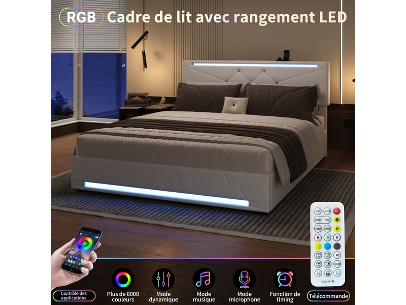  Kefsr lit coffre 160x200 cm avec sommier relevable et led, lit adulte 2 places en tissu lin beige avec rangement, tête de lit réglable et prises usb  - Conforama D