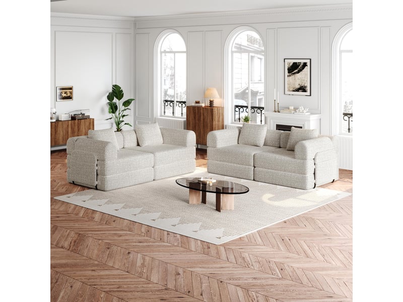  Canapé convertible 4 places - 368x91x70cm - chauffeuse lit chenille, poches rangement, cadre acier - beige  - Conforama C