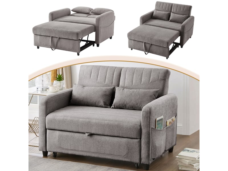  Canapé convertible 2 places gris en tissu coton lin, dossier réglable 3 positions, avec 2 coussins, adapté pour salon et petit espace.  - Conforama C