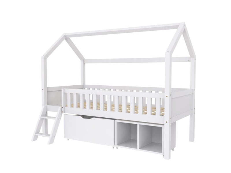  Lit cabane enfant 90 x 200 cm, lit jeunesse avec tiroirs et étagères, lit avec escalier et garde-corps anti chute, bois, blanc  - Conforama W