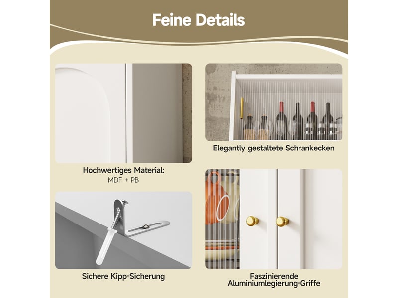  Buffet de cuisine blanc 120x180cm, meuble haut avec portes vitrées coulissantes et 2 tiroirs, étagères réglables pour rangement cuisine moderne  - Conforama D