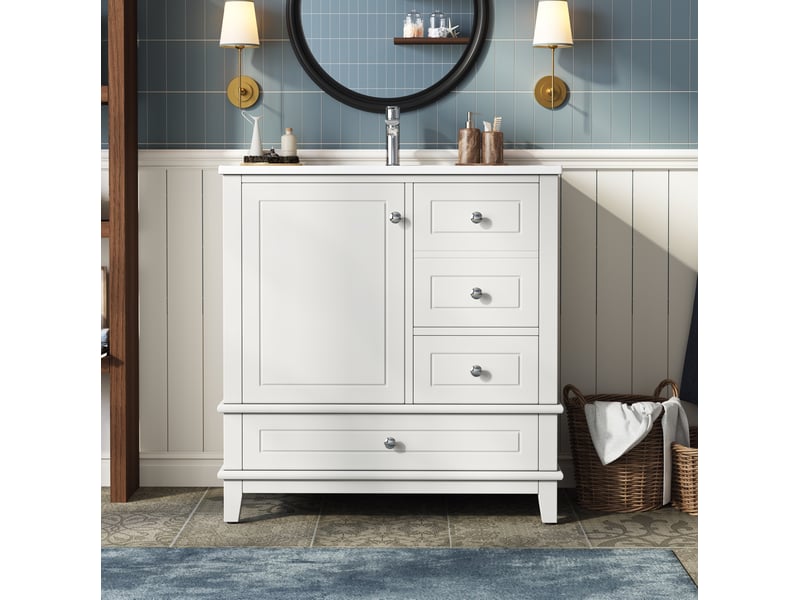 Meuble sous vasque 3 tiroirs, porte à fermeture douce, lavabo en céramique, salle de bain blanc 81 × 47 × 86 cm - Conforama B