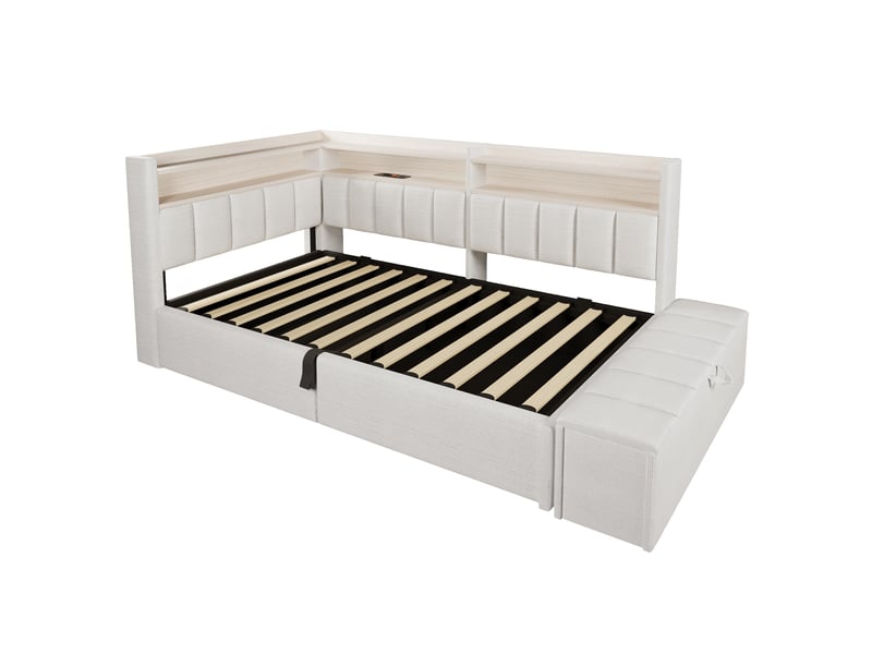  Banquette-lit 90 x 200 cm, suspension hydraulique, prise électrique, caisson latéral réversible (gauchedroite), port usb, éclairage led, sans matelas, velours blanc crème  - Conforama A