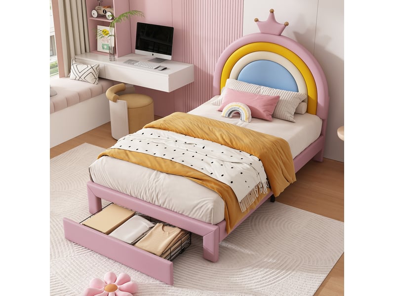  Lit avec rangement enfant 90x200 cm rose avec tête de lit réglable et tiroir de rangement  - Conforama B