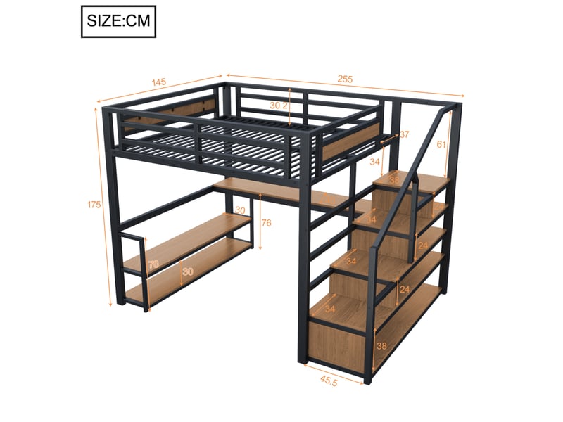  Lit mezzanine en métal 140x200 cm avec échelle de rangement, étagères et bureau noir  - Conforama C