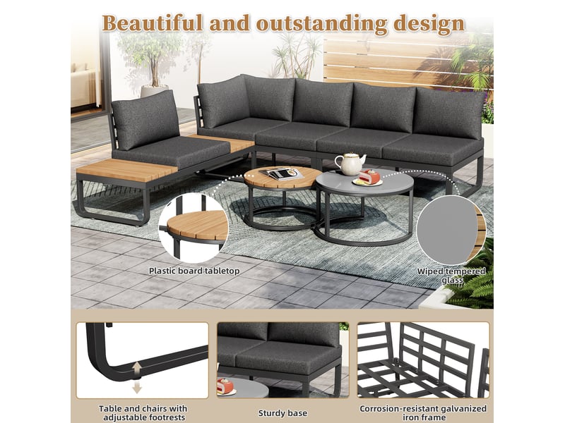 Salon de jardin 5 places 123,5 cm – gris – tables basses gigognes, coussins et pieds réglables - Conforama E