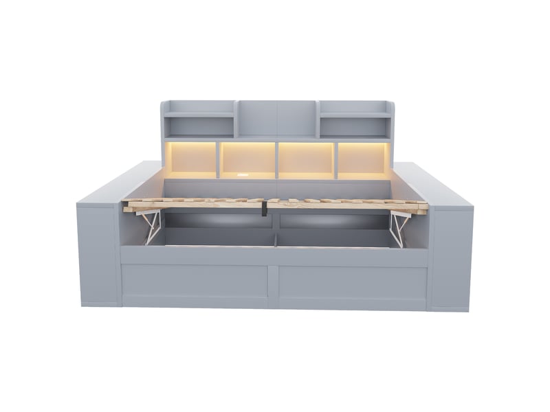  Canapé-lit multifonctionnel en bois, 90 x 200 cm, avec rangement hydraulique, compartiments de rangement et étagères dans le dossier et les accoudoirs, prise électrique et éclairage led, gris  - Conforama E