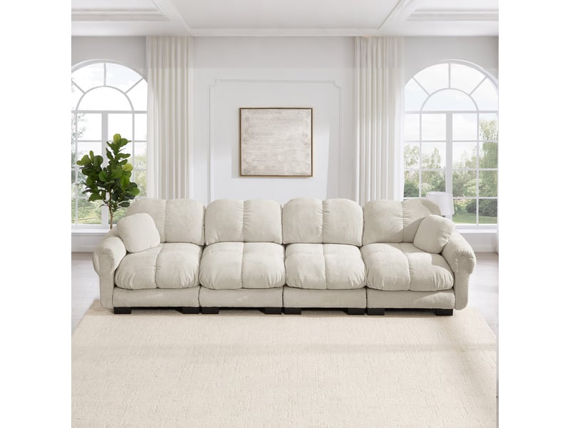  Canapé modulable 4 places, avec accoudoirs élégants, coussins épais, dossier ergonomique, 330x86x90cm, kaki clair chenille  - Conforama D