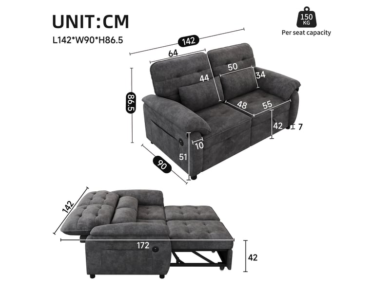  Canapé droit convertible 142x90x86,5cm 2 places, dossier ajustable, structure en bois et métal, tissu chenille, gris  - Conforama C