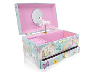Boîte à musique avec licorne - mécanisme à remonter, miroir et rangement bijoux
