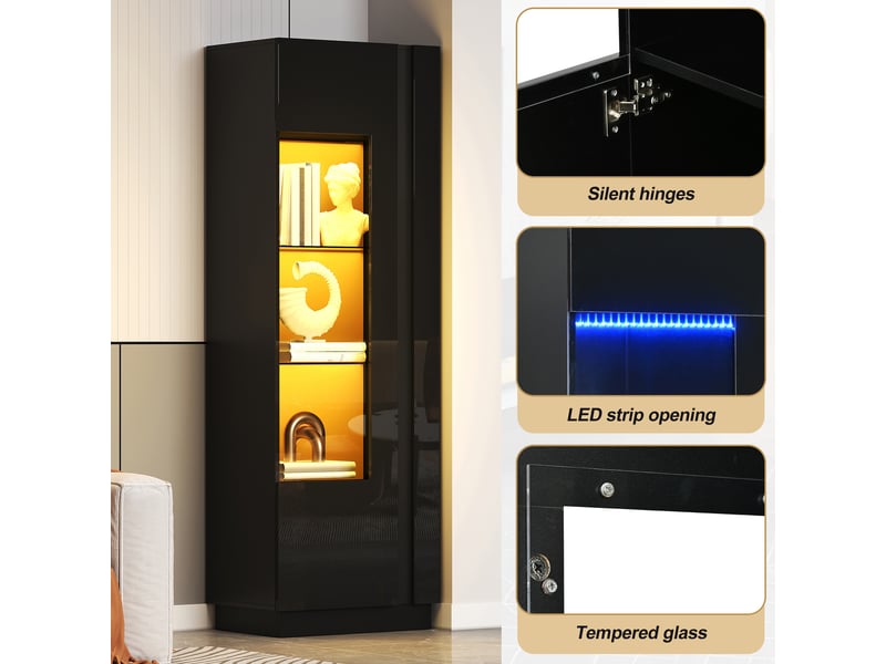  Vitrine 60x40x180 cm, meuble vitrine avec porte en acrylique, éclairage led, finition brillante, 3 étagères en verre, armoire de présentation salon  - Conforama E