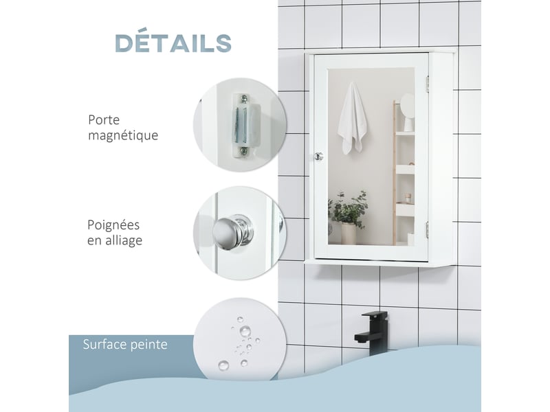 Armoire murale de salle de bain avec miroir - armoire à glace - 1 porte, 2 étagères - placard de rangement toilettes - verre mdf blanc - Conforama R