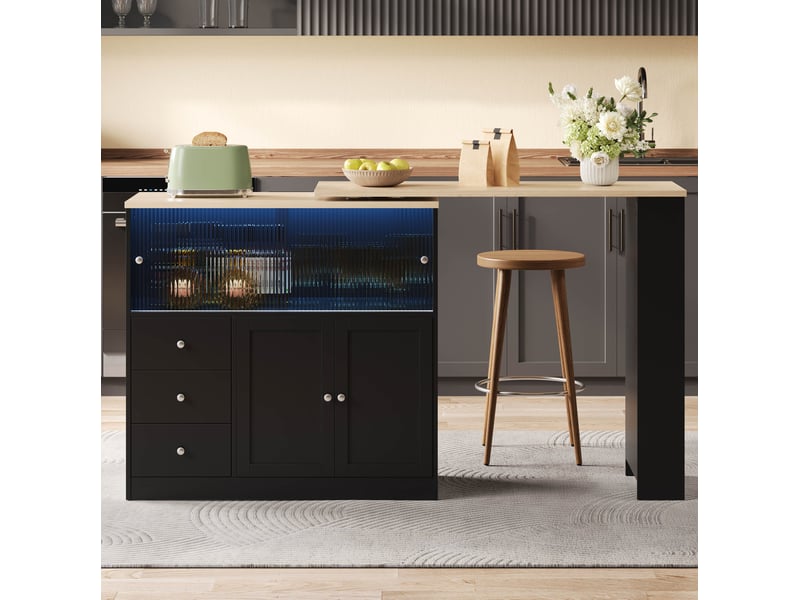  Îlot de cuisine extensible 172x40x96 cm noir avec 3 tiroirs et led rgb  - Conforama D