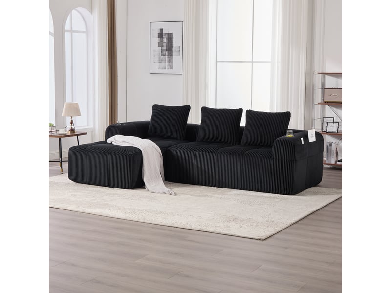  Canapé modulable 4 places salon confortable avec poches latérales, porte-gobelet et 3 coussins, moderne en velours côtelé noir  - Conforama D