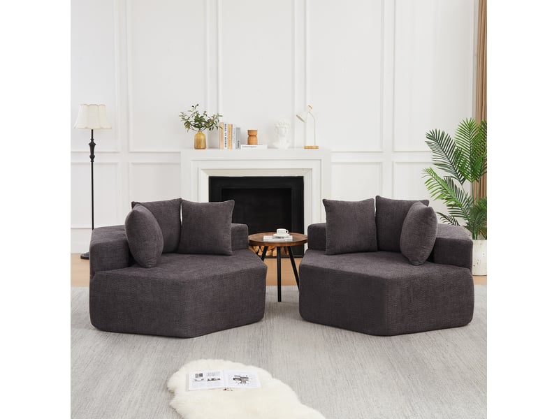  Fauteuils modulables compressés et hexagonaux souples lot de 2, assise de 2 places, en tissu chenille, couleur gris  - Conforama D