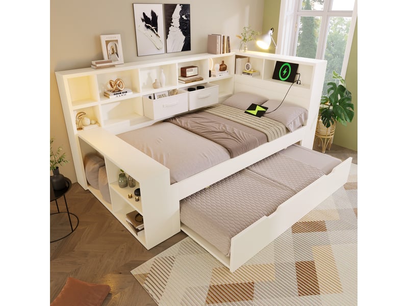  Lit gigogne, 90x190 cm, couchage gigogne, doté d’un espace de rangement, connectiques usbtype c, bois, coloris blanc  - Conforama B