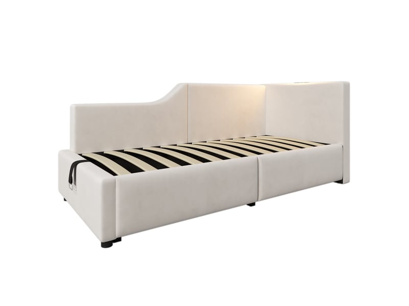  Lit banquette simple en velours avec coffre, lampe de lecture, usb et type-c, 190×90 cm, sans matelas, beige  - Conforama E