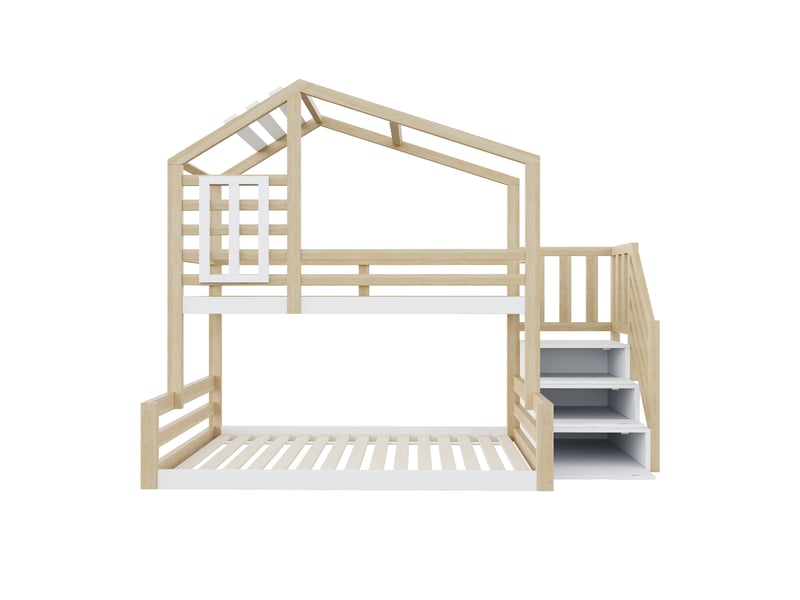  Lit superposé 90x200 cm et 140x200 cm, forme maison, escalier rangement, fenêtre, en pin, naturel, sans matelas  - Conforama D