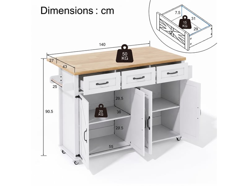  Îlot de cuisine mobile avec plateau rabattable, 5 roulettes verrouillables, 4 portes et 3 tiroirs, 140 x 70 x 90,5 cm, blanc  - Conforama D