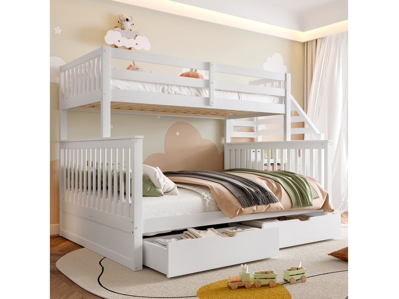 Lit superposé enfant 90 x 200 + 140 x 200 cm avec tiroirs de rangement, blanc - Conforama D