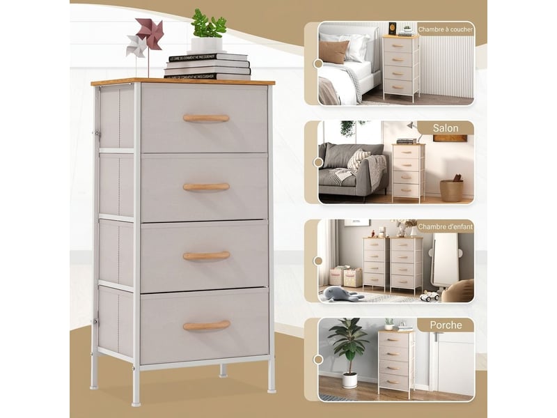  Chiffonnier meuble 45x30x91 cm quatre tiroirs tissu kaki et metal blanc chambre  - Conforama B