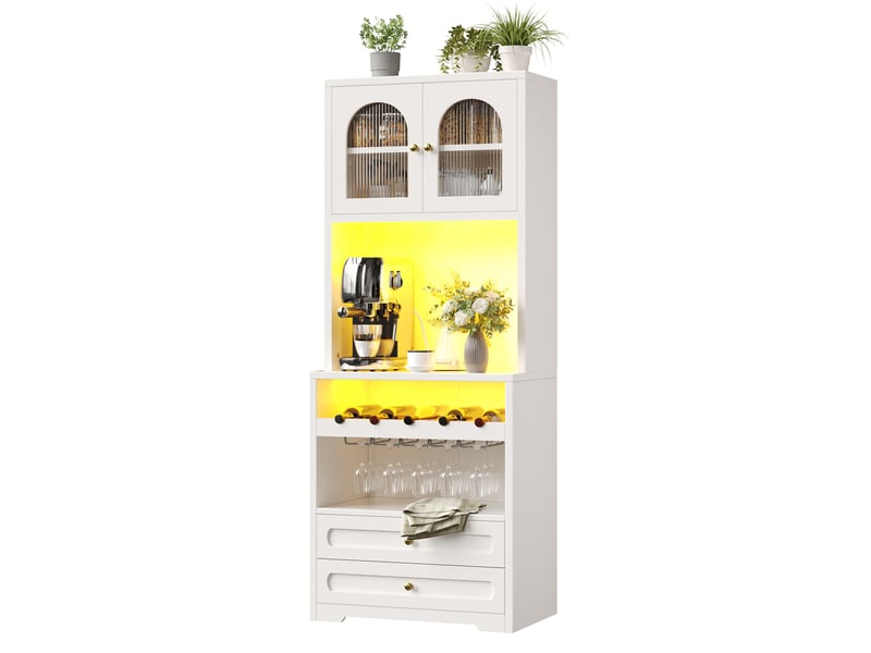 Buffet vitrine modenvie 70 x 40 x 180 cm avec portes en verre cintrées, led contrôlées par application, synchronisation musicale, casier à vin, usb, blanc - Conforama A