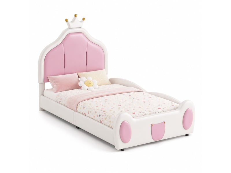  Lit jeune lit simple 90x200 cm équipé de tête de lit en forme de couronne, finition pu rose + blanc  - Conforama A