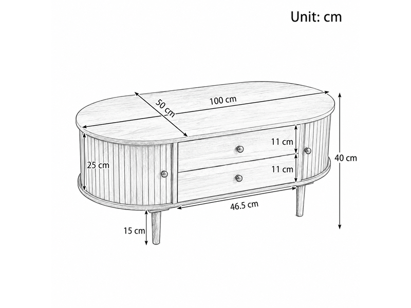  Table basse ovale en mdf avec portes coulissantes à lattes verticales et 2 tiroirs  - Conforama C