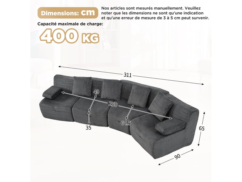  Canapé modulable 4 places, canapé en velours côtelé gris foncé, 4 modules indépendants sans montage, 311x90x65cm, pour salon moderne.  - Conforama B