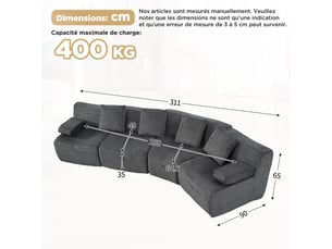 Canapé modulable 4 places, canapé en velours côtelé gris foncé, 4 modules indépendants sans montage, 311x90x65cm, pour salon moderne.