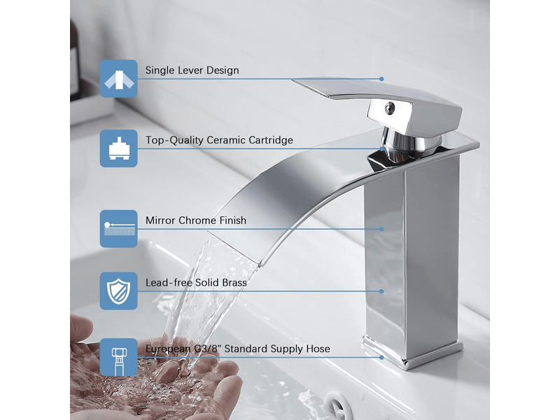  Robinet de lavabo cascade chromé argenté, mitigeur d'évier avec bec haut de 170 mm, robinet cascade chromé argenté g 38  - Conforama E