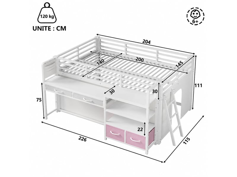  Lit mezzanine enfant 140 x 200 cm avec bureau intégré, rangement et tiroirs en tissu, métal blanc, éclairage led multicolore  - Conforama C