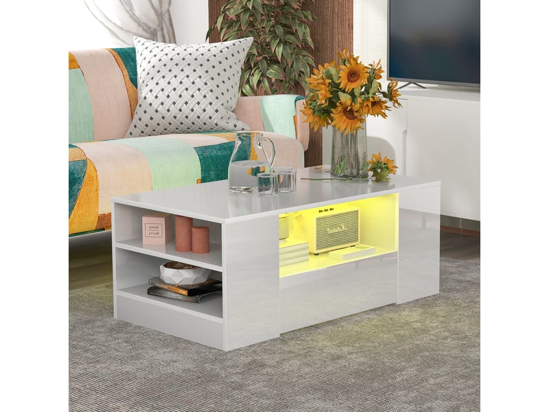 Couchtisch moderne - haute brillance pour salon avec 2 tiroirs et 2 étagères - 95 x 53 x 37 cm - blanc  - Conforama C
