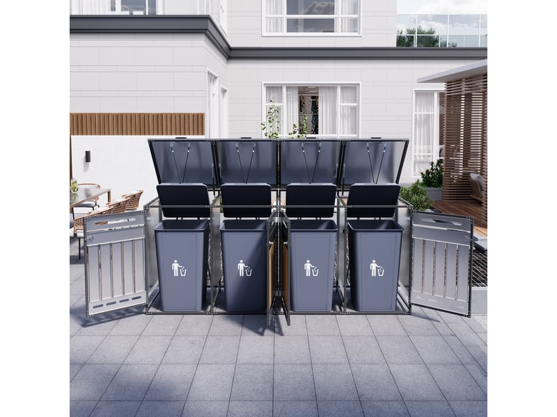 Armoire poubelle 4 compartiments, couvercles hydrauliques, façade imitation bois, ventilation perforée, fer antirouille, serrure individuelle - Conforama B