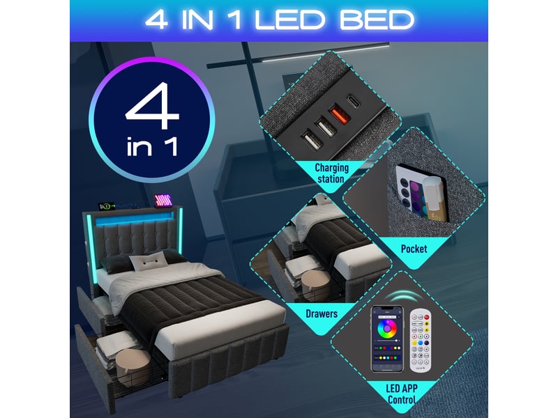  Lit simple 200×90 cm avec matelas, 2 tiroirs, éclairage led et ports usb et usb-c, en lin gris  - Conforama E
