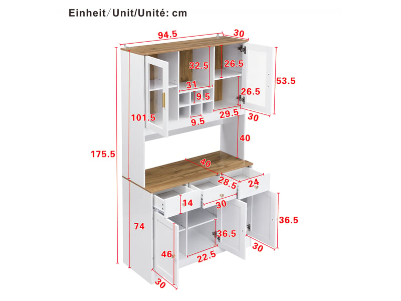  Buffet haut avec 5 portes, 3 tiroirs et niches ouvertes, portes transparentes en mdf pour salon 94,5×30×175,5 cm blanc  - Conforama D