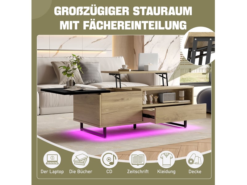  Table basse relevable avec rangement et éclairage led – bois d’ingénierie et métal – naturelnoir – 106,5 x 50 x 27,5 cm  - Conforama D