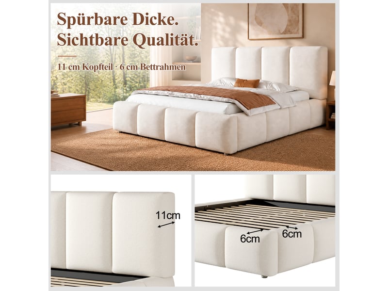  Lit coffre 160x200 cm, lit double au design raffiné, rangement multifonction hydraulique, tête de lit rembourrée, sommier à lattes, bouclé blanc  - Conforama E