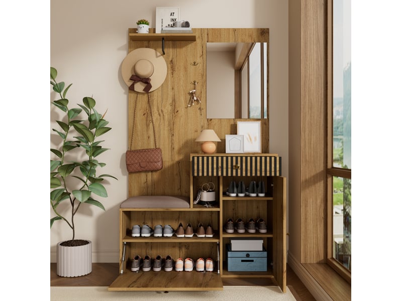  Meuble d'entrée avec miroir, assise rembourrée, tiroirs, étagères et crochets, mdf noir et naturel, 110 × 37 × 185,5 cm  - Conforama B