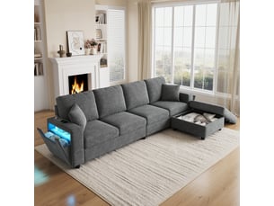 Canapé d’angle 4 places 282x153x82 cm, canapé de salon, sofa modulable, éclairage led, usbtype-c, rangement, pouf mobile, gris