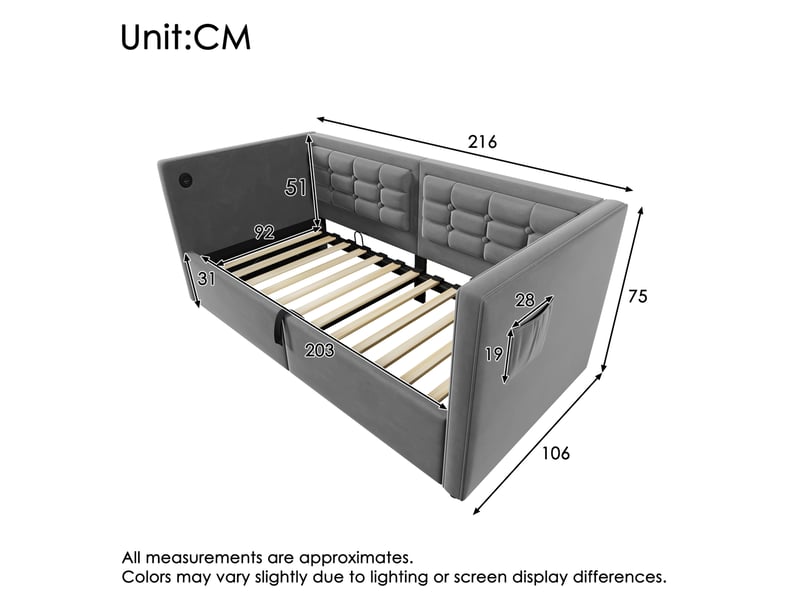  Lit coffre tcqpz 90 x 200 cm gris velours avec recharge usb et type-c avec sommier à lattes  - Conforama C