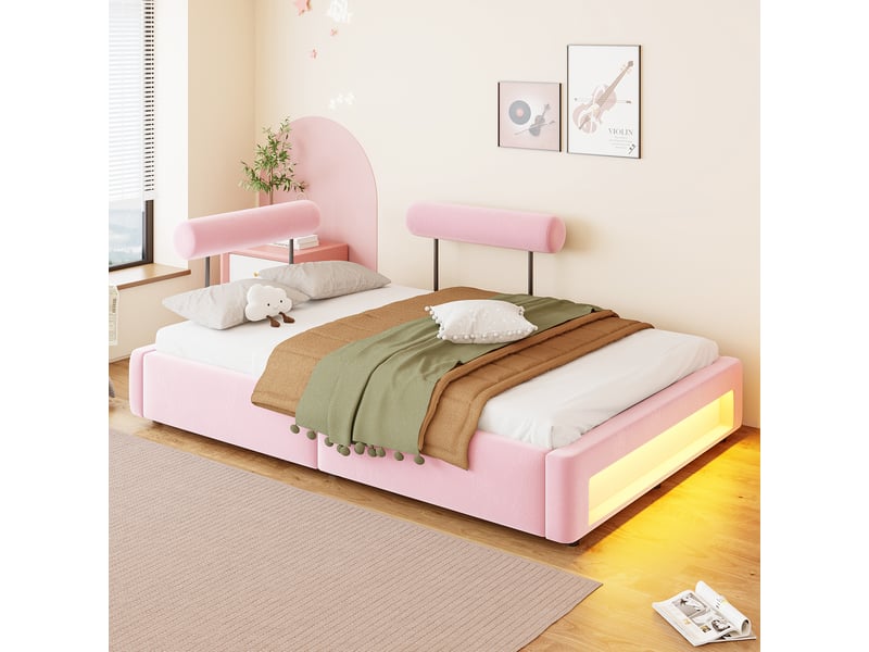 Lit enfant 140x200 cm coloris rose led velours - Conforama B