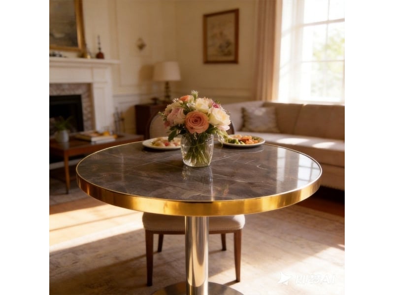  Table basse ronde avec plateau aspect marbre, bord en acier inoxydable doré et base stable pour salon  - Conforama C