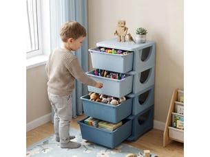 Tour de rangement pour enfants avec 4 tiroirs, pour enfants de 3 ans et plus, bords arrondis et poignées, 37 x 37 x 76 cm, bleue